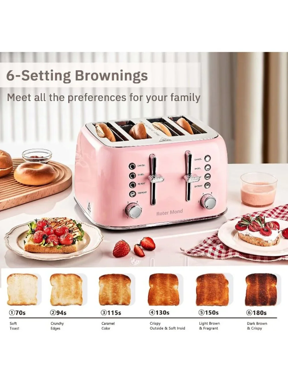 4 Slice Pink Retro Stainless Steel with Extra Wide Slots Bagel Defrost Toaster